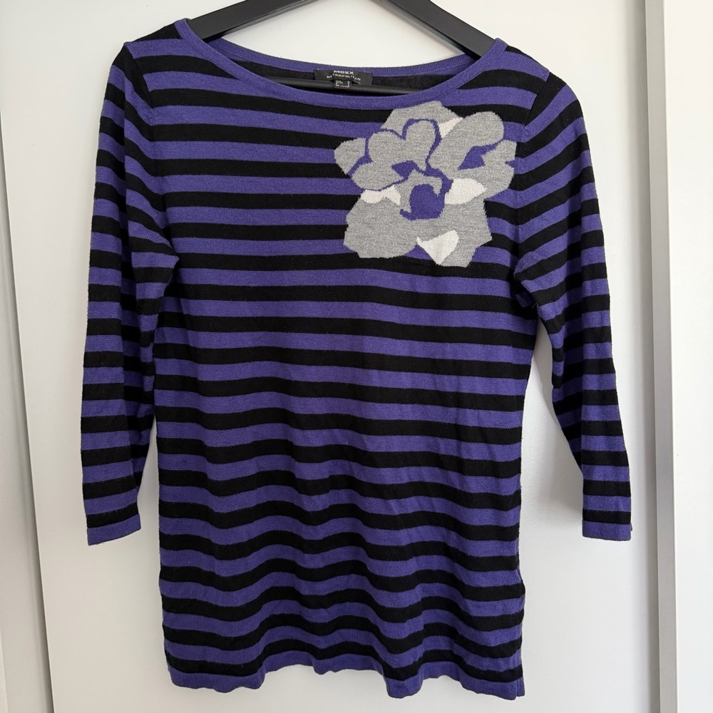Mexx Purple and Black Striped Knit Top with Silver Floral Detail
